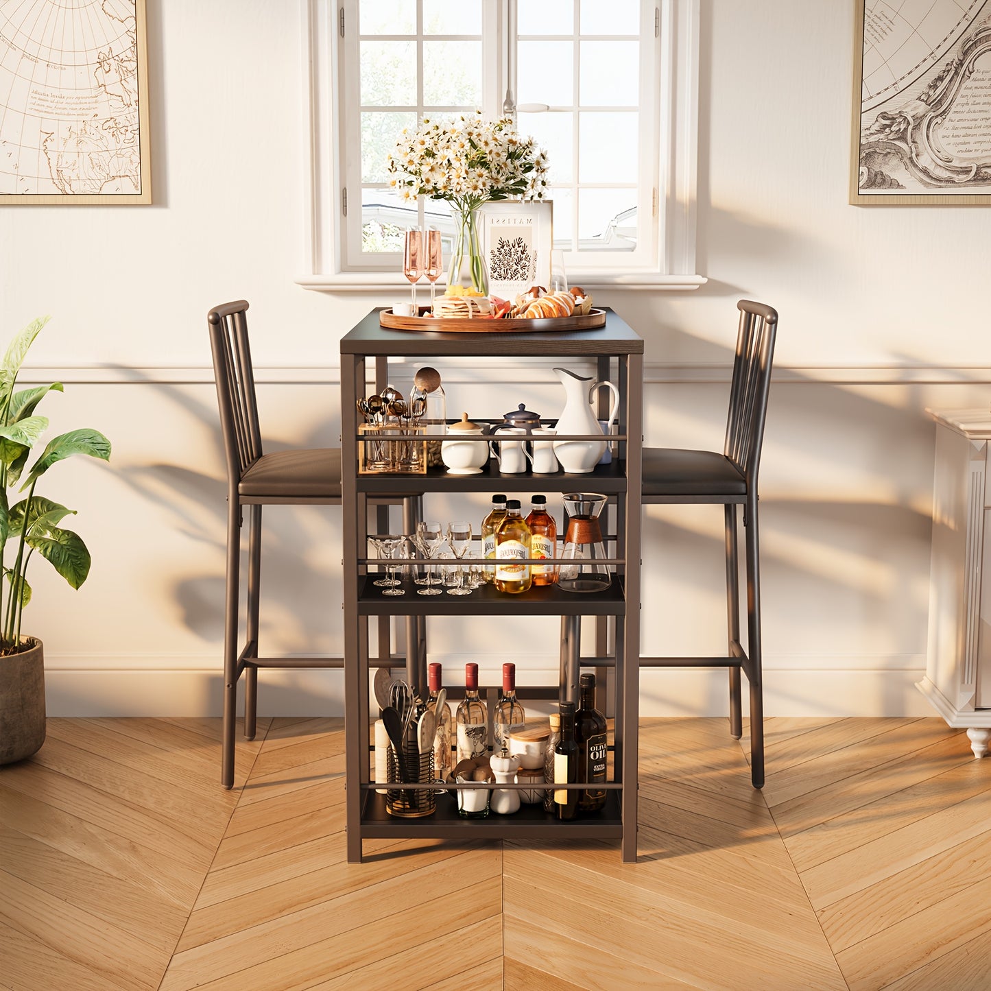 Eettafelset – Eetkamerset – Keukentafelset – Bistroset – Tafel met Stoelen – Compact Ontwerp – Hardhouten Constructie – Donkerbruin/Zwart – Met Opberglade en Gestoffeerde Rugleuningstoelen