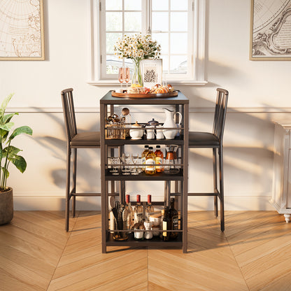 Eettafelset – Eetkamerset – Keukentafelset – Bistroset – Tafel met Stoelen – Compact Ontwerp – Hardhouten Constructie – Donkerbruin/Zwart – Met Opberglade en Gestoffeerde Rugleuningstoelen