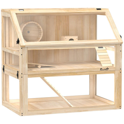Houten Hamsterkooi – Hamsterkooi 3-laags – Hamsterverblijf – Knaagdierkooi – Kleine Huisdieren Kooi – Ruim 3-niveaus Met Trap – Natuurlijk Zacht Hout & Ventilatierooster – 80x50x76 cm, Geïntegreerd Loopwiel, Scharnierend Deksel