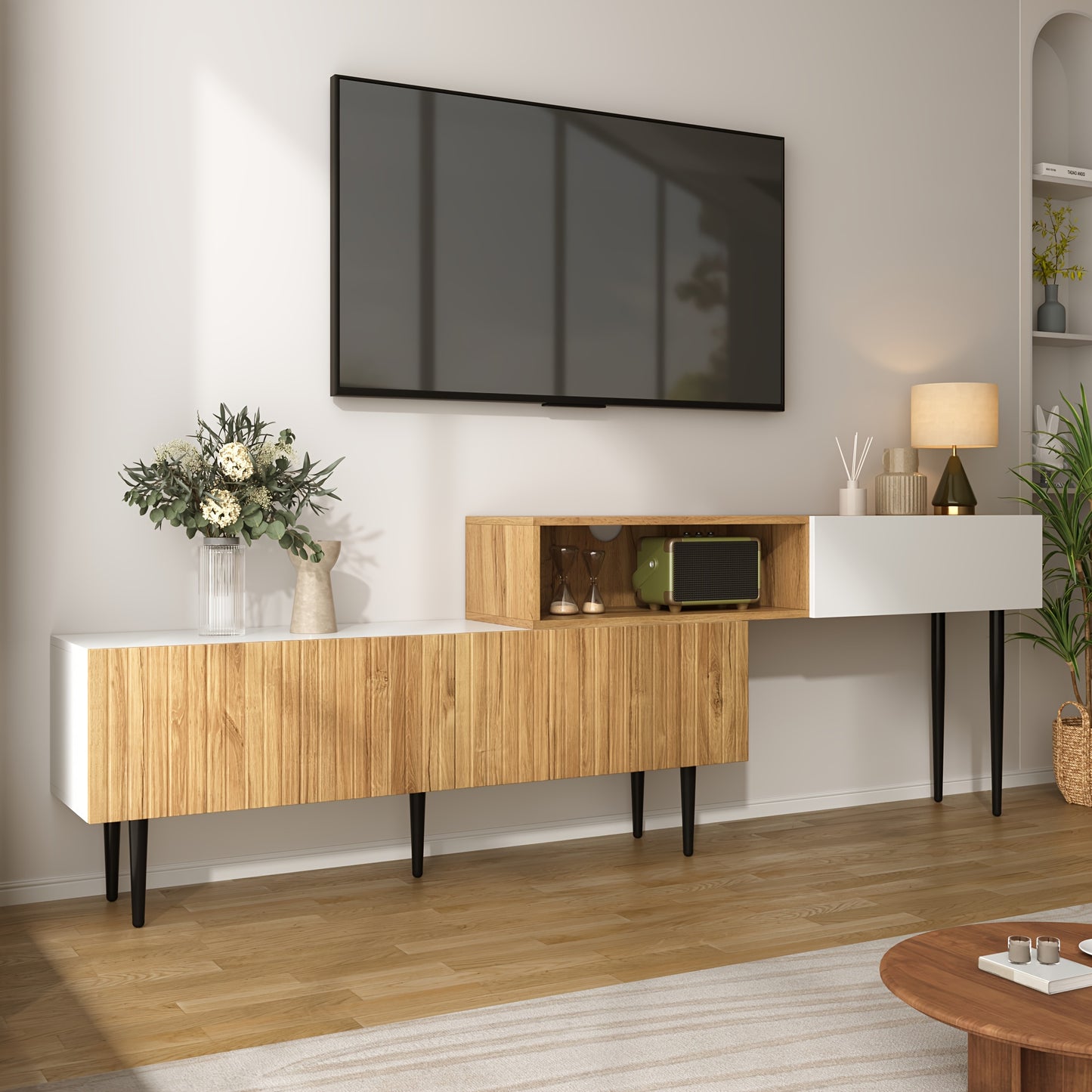 Tv-meubel – TV-kast – TV-dressoir – TV-meubels – TV-kasten – Modulair Twee-delig Ontwerp – Verstelbare Lengte – Zwarte Metalen Poten