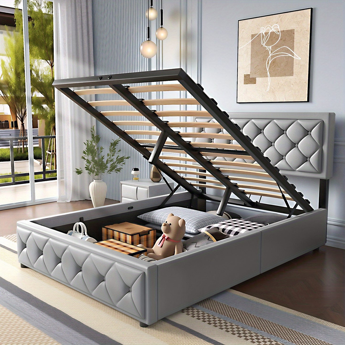 Bed – Slaapbed – Opbergbed – Stofvrij Bed – Gestoffeerd Bed – 140x200 cm – Gaslift Opbergruimte – Lichtgrijs Synthetisch Leer
