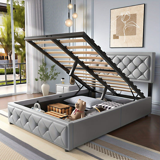 Bed – Slaapbed – Opbergbed – Stofvrij Bed – Gestoffeerd Bed – 140x200 cm – Gaslift Opbergruimte – Lichtgrijs Synthetisch Leer