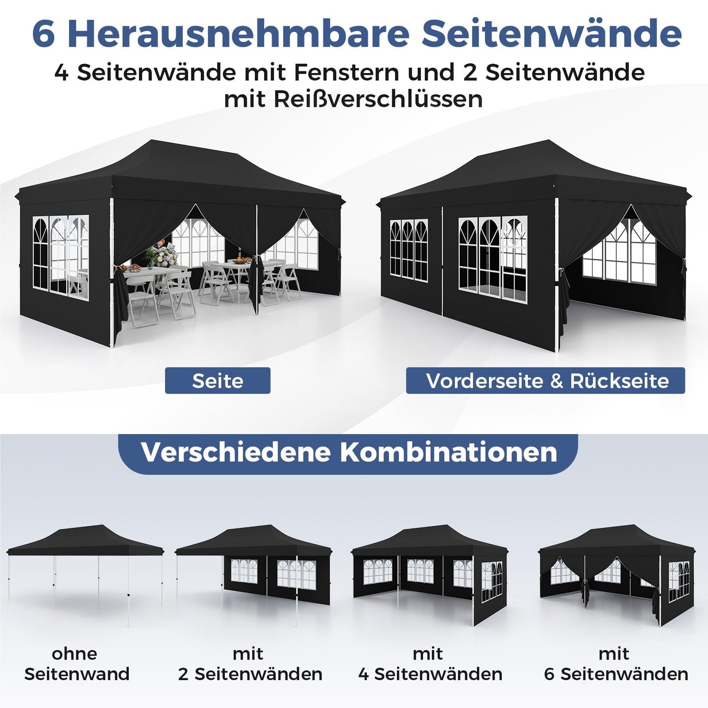 Paviljoen – Tuinpaviljoen – Partytent – Tenten – Evenementen Tent – 3 x 6 m – Waterdicht Oxford Stof met UV-bescherming 50+ – Inclusief 6 Zijwanden en 6 Zandzakken – Zwart