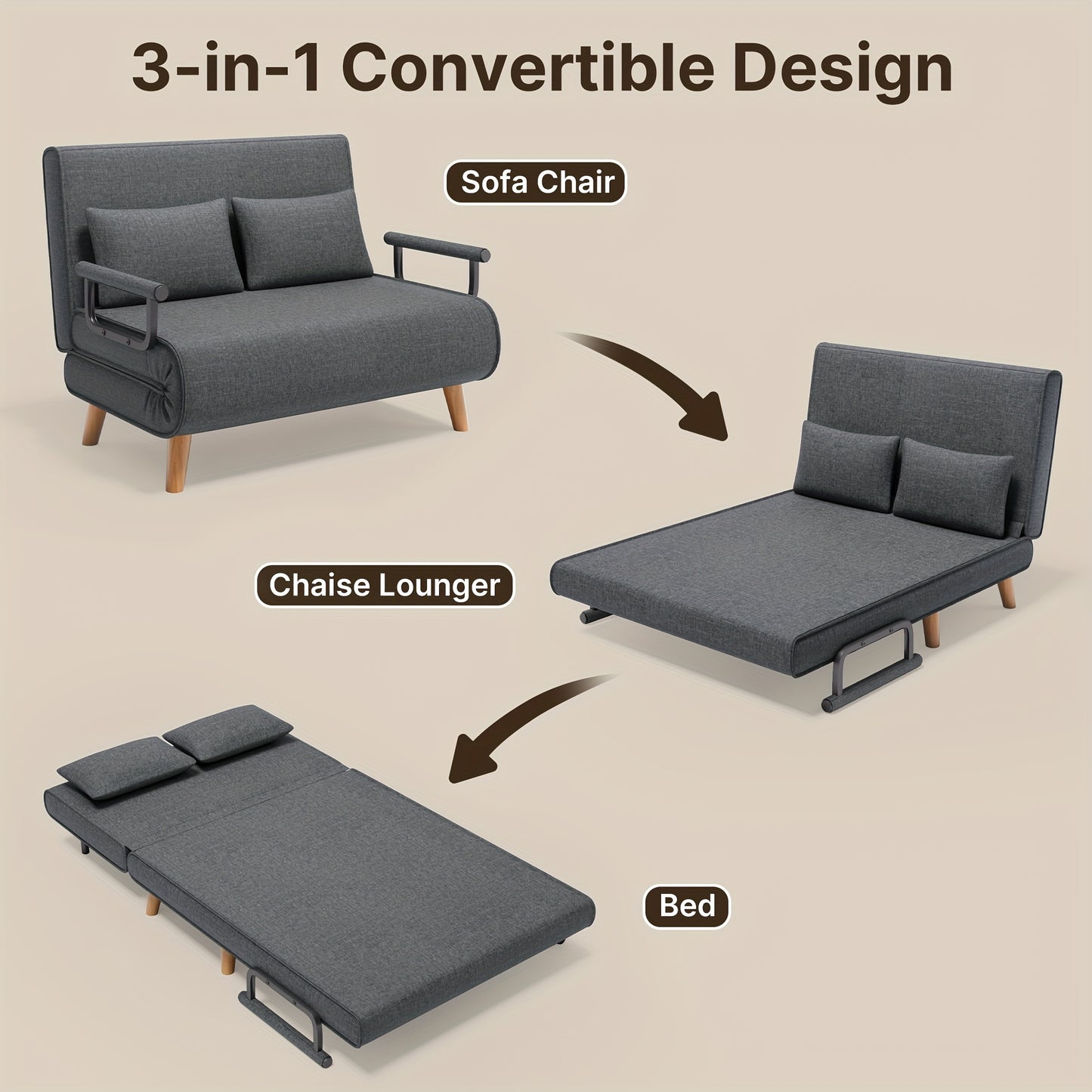 3-in-1 slaapbank – slaapbank – bedbank – slaapmeubel – slaapfauteuil – 6-positie verstelbare rugleuning – stevig houten frame – donkergrijs