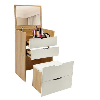 Make-up Tafel – Kaptafel – Schminktafel – Vanity Set – Make-up Desk – Compact Design – MDF Houtlook met Crème Afwerking – Kantelbare Spiegel en Verborgen Kruk – 3 Laden Opbergruimte