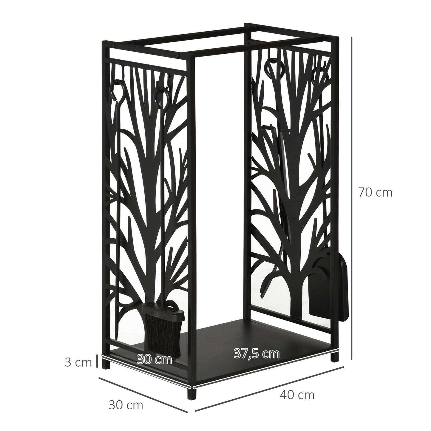 Houtopslag – Houtrek – Haardhoutrek – Haardhoutopberger – Haardservant – Zwart Staal – Inclusief 4 Haardaccessoires – Compact 46x29x70 cm