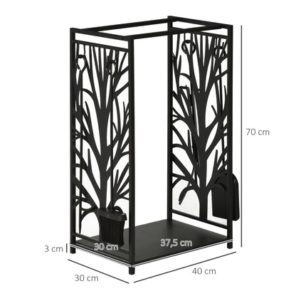 Houtopslag – Houtrek – Haardhoutrek – Haardhoutopberger – Haardservant – Zwart Staal – Inclusief 4 Haardaccessoires – Compact 46x29x70 cm