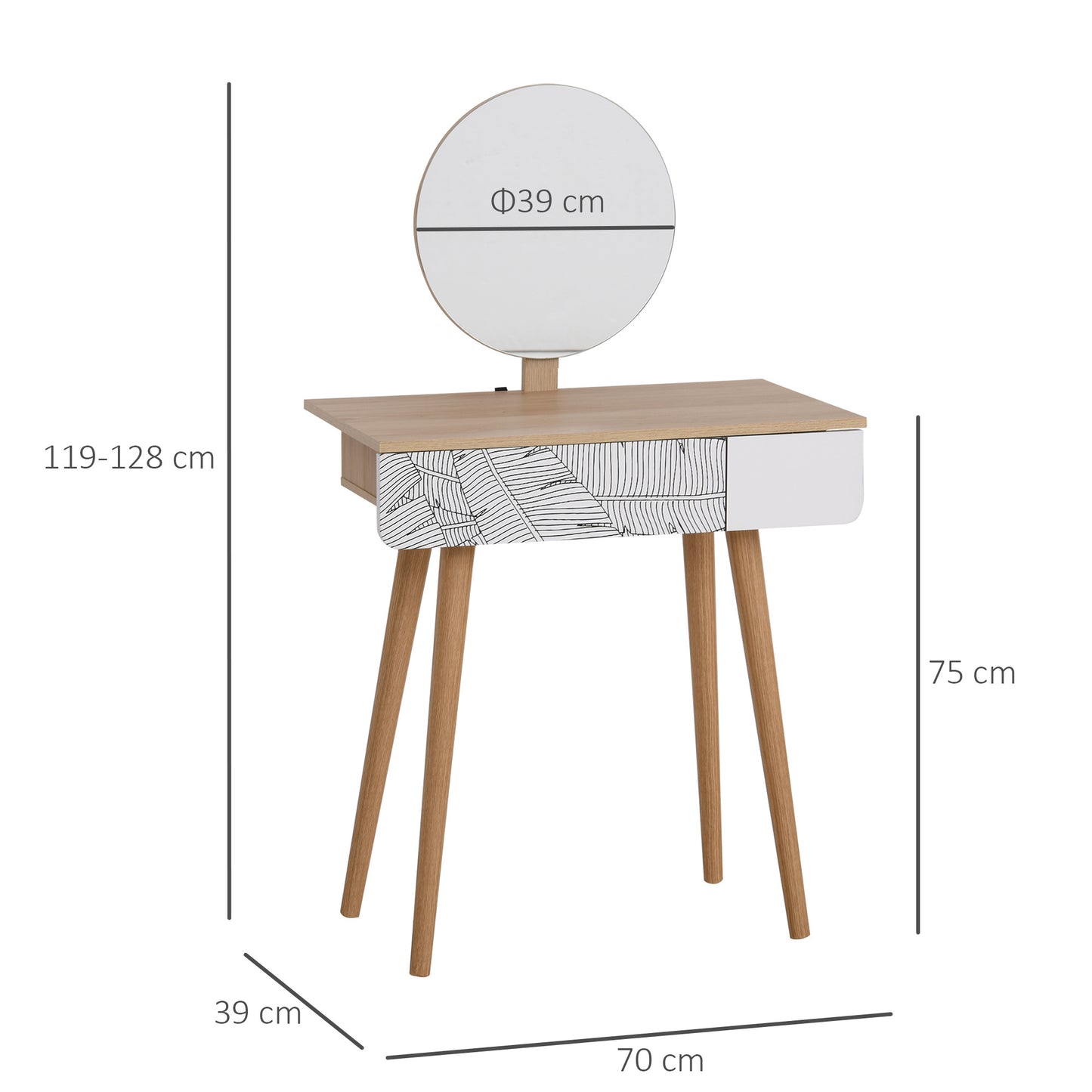 Kaptafel – Make-uptafel – Dressing Table – Make-up Tafel – Cosmetica Kast – Scandinavisch Design – Grote Spiegel Ø 39 cm – Verstelbare Hoogte 119-128 cm