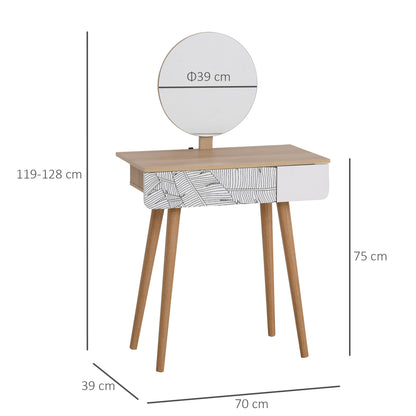 Kaptafel – Make-uptafel – Dressing Table – Make-up Tafel – Cosmetica Kast – Scandinavisch Design – Grote Spiegel Ø 39 cm – Verstelbare Hoogte 119-128 cm