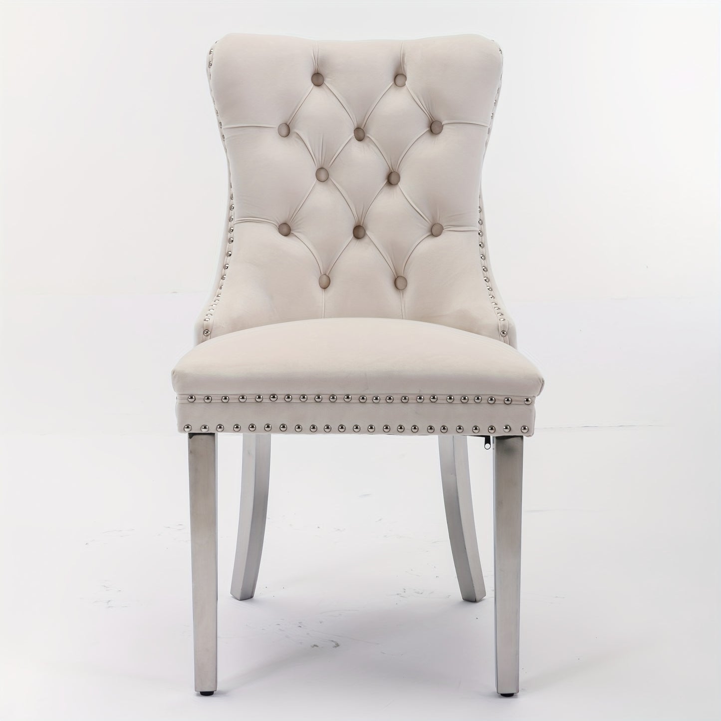 Set of 2 Modern Luxury Tufted Solid Wood Frame Dining Chairs with Beige Velvet Upholstery, Chrome Stainless Steel Legs & Nailhead Trim - Contemporary Classic Design, Plush Cushioned Seats for Elegant Home or Formal Dining Roo