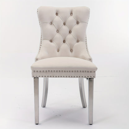 Set of 2 Modern Luxury Tufted Solid Wood Frame Dining Chairs with Beige Velvet Upholstery, Chrome Stainless Steel Legs & Nailhead Trim - Contemporary Classic Design, Plush Cushioned Seats for Elegant Home or Formal Dining Roo
