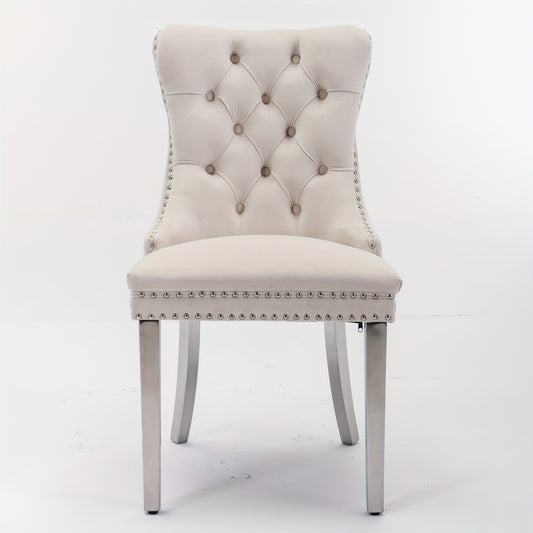 Set of 2 Modern Luxury Tufted Solid Wood Frame Dining Chairs with Beige Velvet Upholstery, Chrome Stainless Steel Legs & Nailhead Trim - Contemporary Classic Design, Plush Cushioned Seats for Elegant Home or Formal Dining Roo