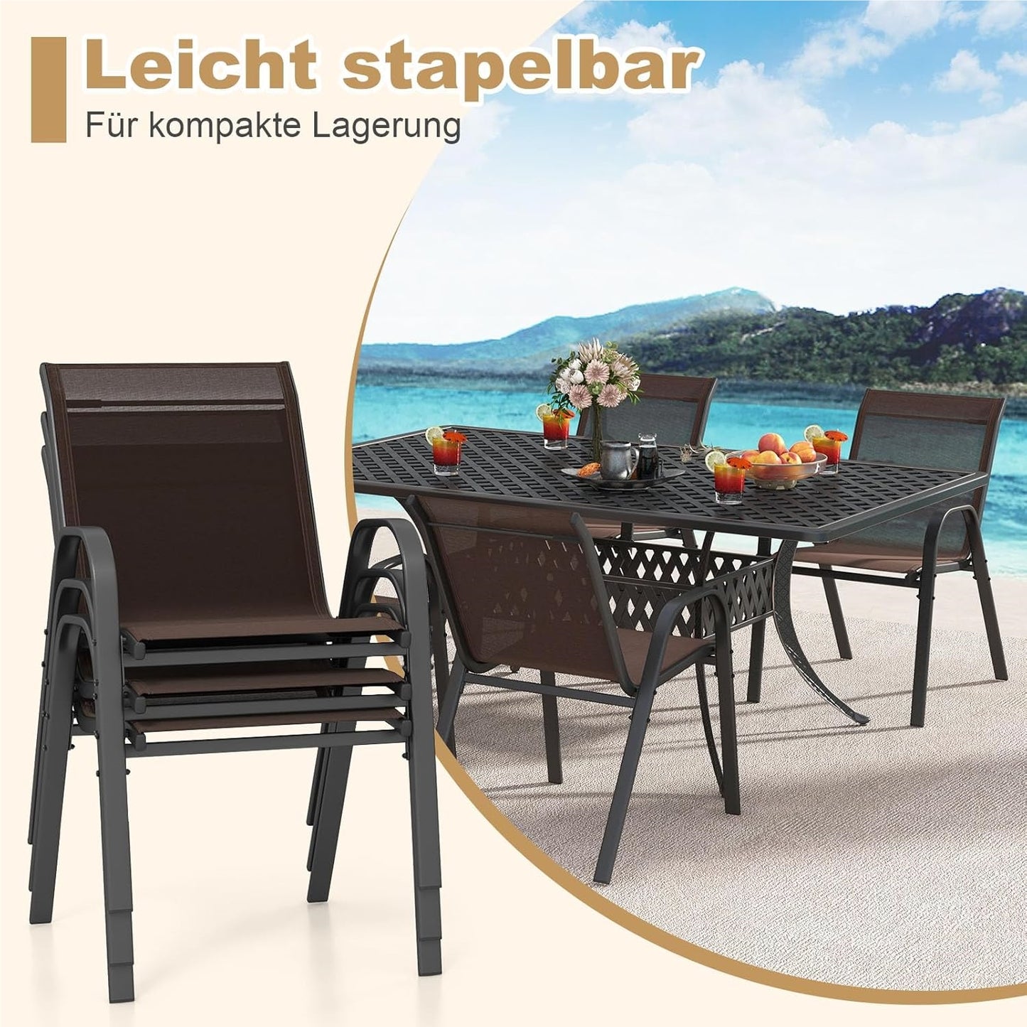 Tuinstoelen – Buitensstoelen – Terrasstoelen – Balkonstoelen – Stapelbare Stoelen – Metalen Frame – Ademend Textilene – Max. 150 kg Draagkracht – Set Van 4 Bruin