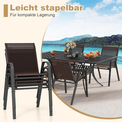 Tuinstoelen – Buitensstoelen – Terrasstoelen – Balkonstoelen – Stapelbare Stoelen – Metalen Frame – Ademend Textilene – Max. 150 kg Draagkracht – Set Van 4 Bruin