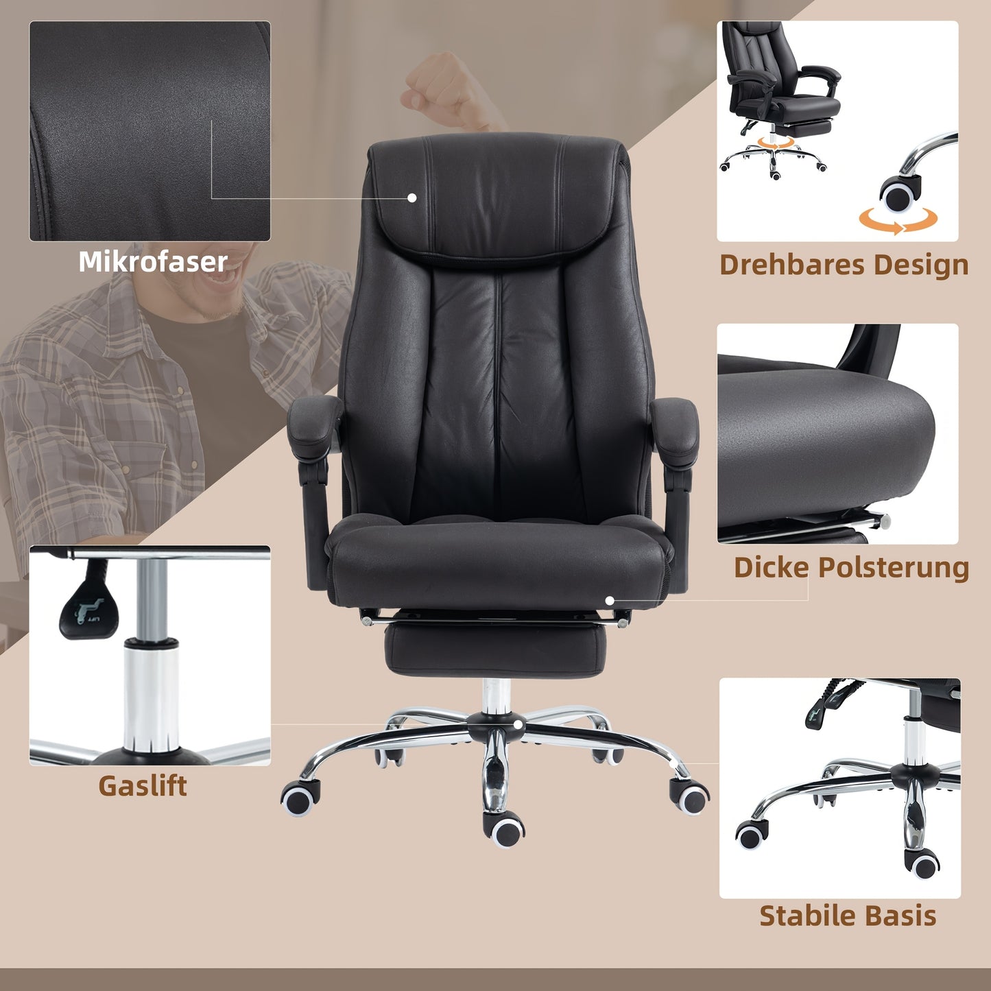 Ergonomische Bureaustoel – Bureaustoel – Werkstoel – Kantoorstoel – Directiestoel – Verstelbare Hoogte – Kantelfunctie 145° – Matzwart – Stevig Aluminium Frame – Max 120 kg Belastbaar