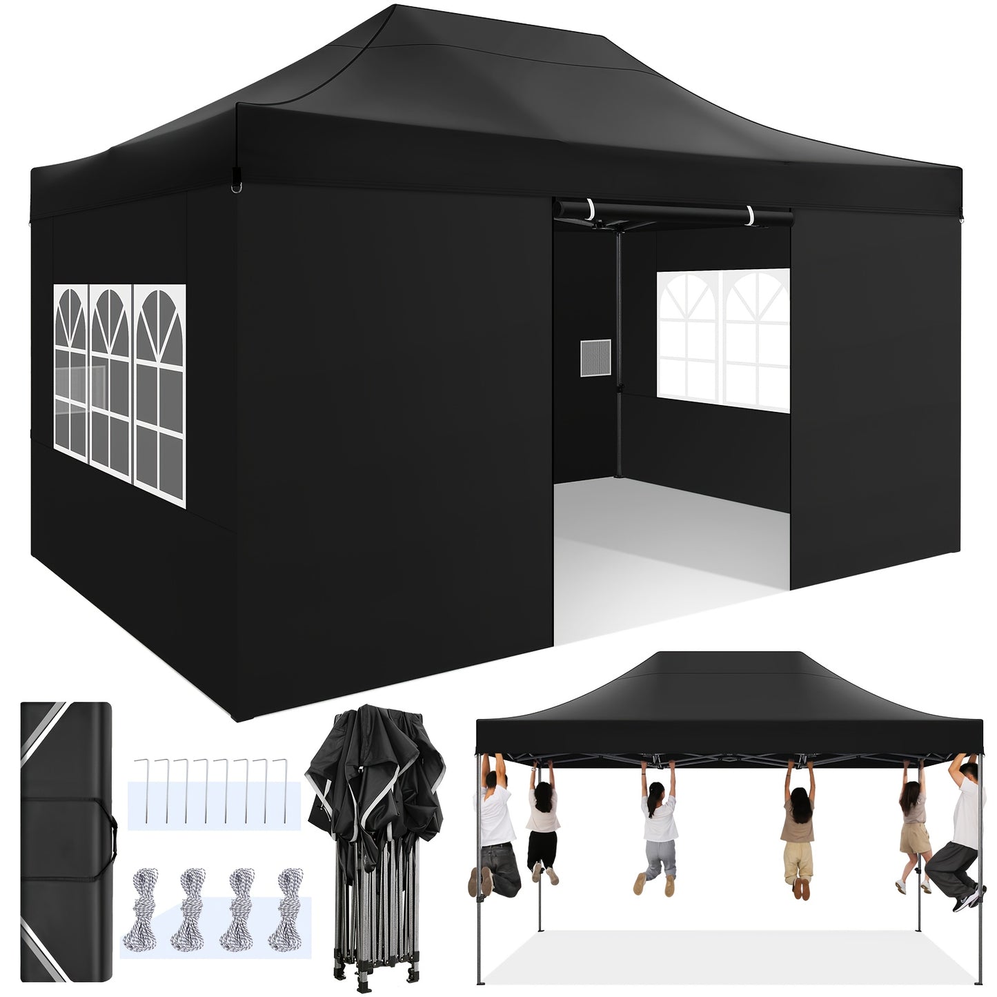 Pop-up Tent – Partytent – Buiten Tent – Gazebo – Klamboe – Zwart – 3,05x4,57 Meter – Verstelbare Hoogte – Oxford Doek