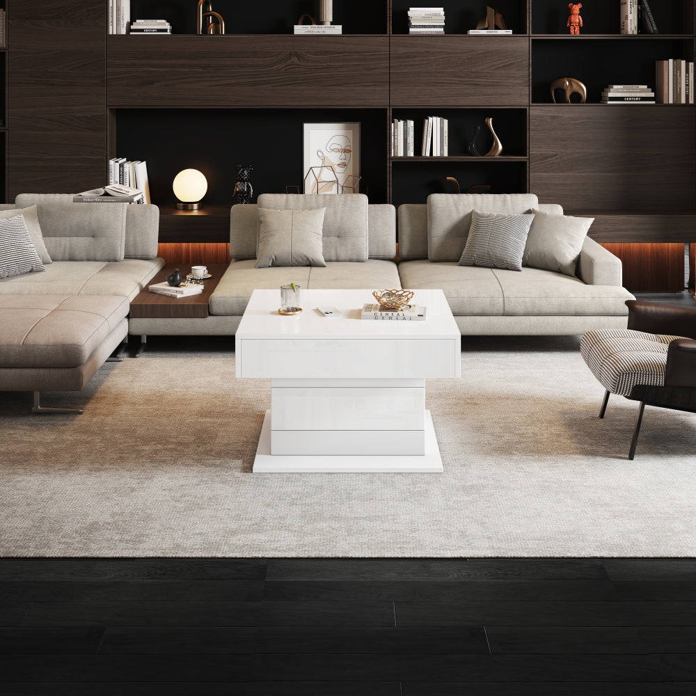 70*70*45cm Geometric Coffee Table | 360° Rotating Top, Height-Adjustable with 1 Drawer, High-Gloss, Concealed Storage, Modern Style, White, Metal Material