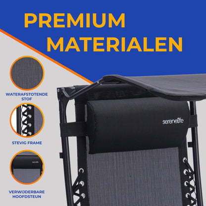 Verstelbare Tuinstoel – Loungestoel – Ligstoel – Balkonstoel – Strandstoel – Set Van 2 – Inklapbaar Met Zonwering – Afneembare Kussens En Bekerhouders – Zwart