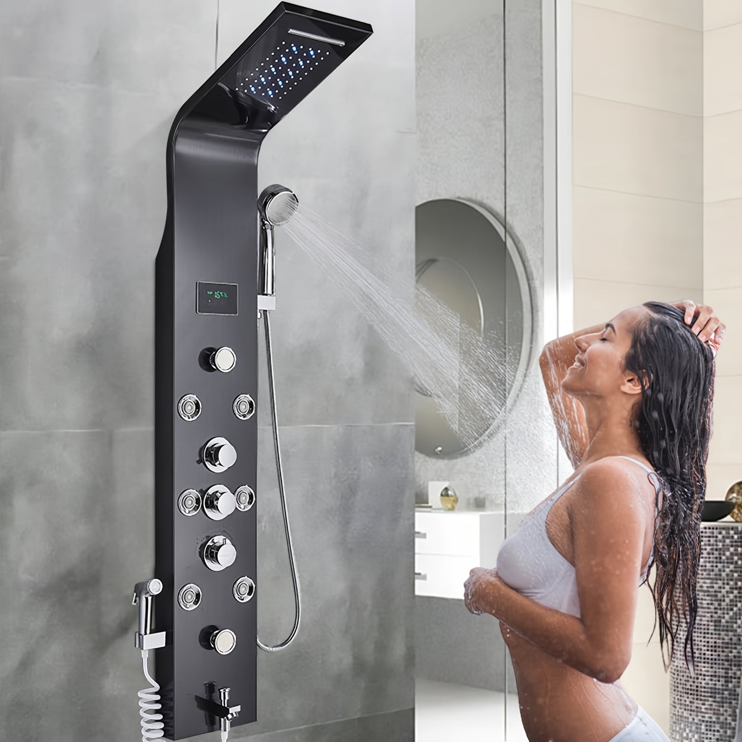 1 Set Modern Black Stainless Steel Shower Panel Tower System - 5-in-1 Rainfall Shower Head with Massage Jets, Wall-Mounted Bath Spout & Adjustable Massage Settings, Contemporary Bathroom Fixture for Spa-Like Experience (No Ba