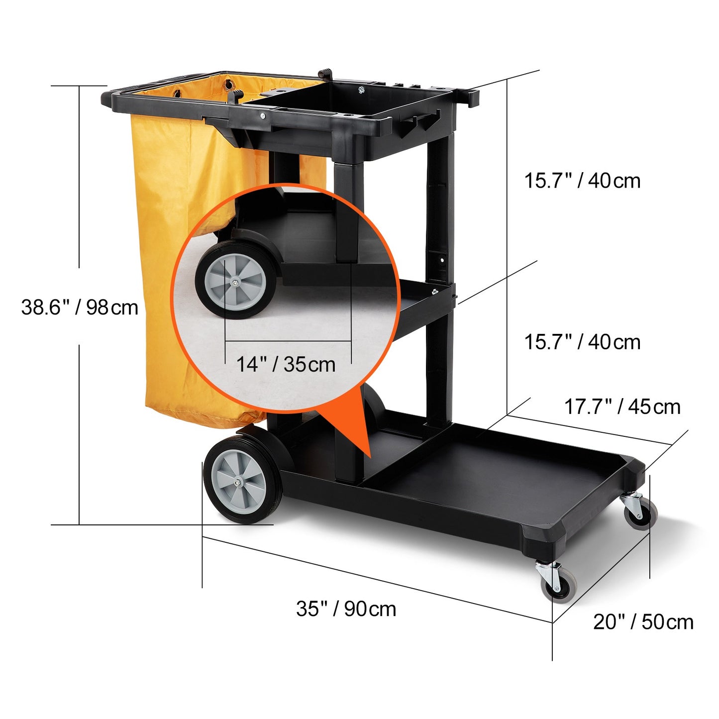 Schoonmaakwagen – Schoonmaaktrolley – Mopwagen – Schoonmaakkar – Dweilwagen – 3-laags met 95L duurzame PVC afvalzak – Hoogwaardig PP materiaal tot 90 kg draagvermogen