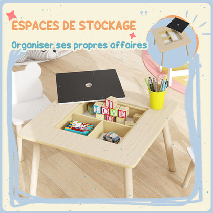 Speelmeubel Kindermeubel Tafelset Kinderstoel Tafel Voor Kinderen – Natuurlijke Houtlook – Krijtbord Reversibel Tafelblad – Handige Opbergruimte
