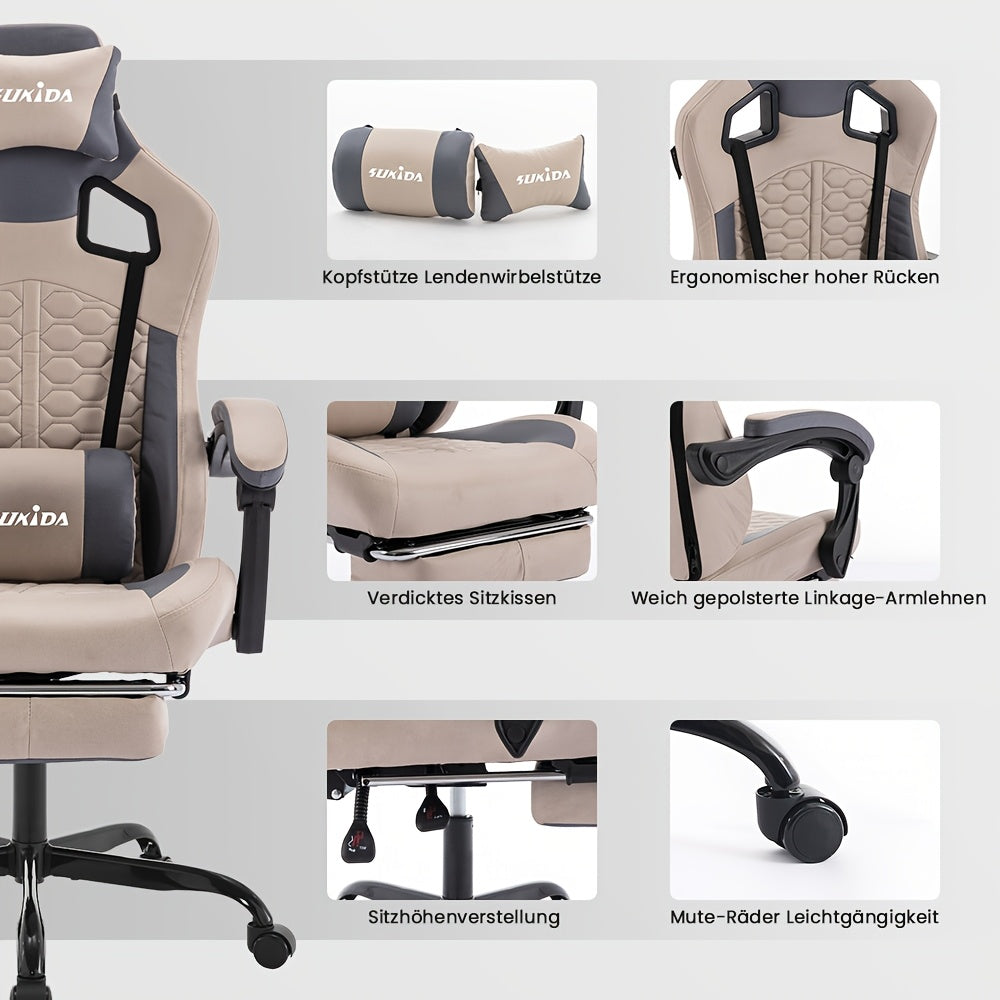 Gamingstoel – Gamestoel – Gaming Chair – Game Stoel – Bureaustoel – Ergonomisch Ontwerp – Verstelbare Voetensteun & Hoofdsteun – Beige Met Lendensteun