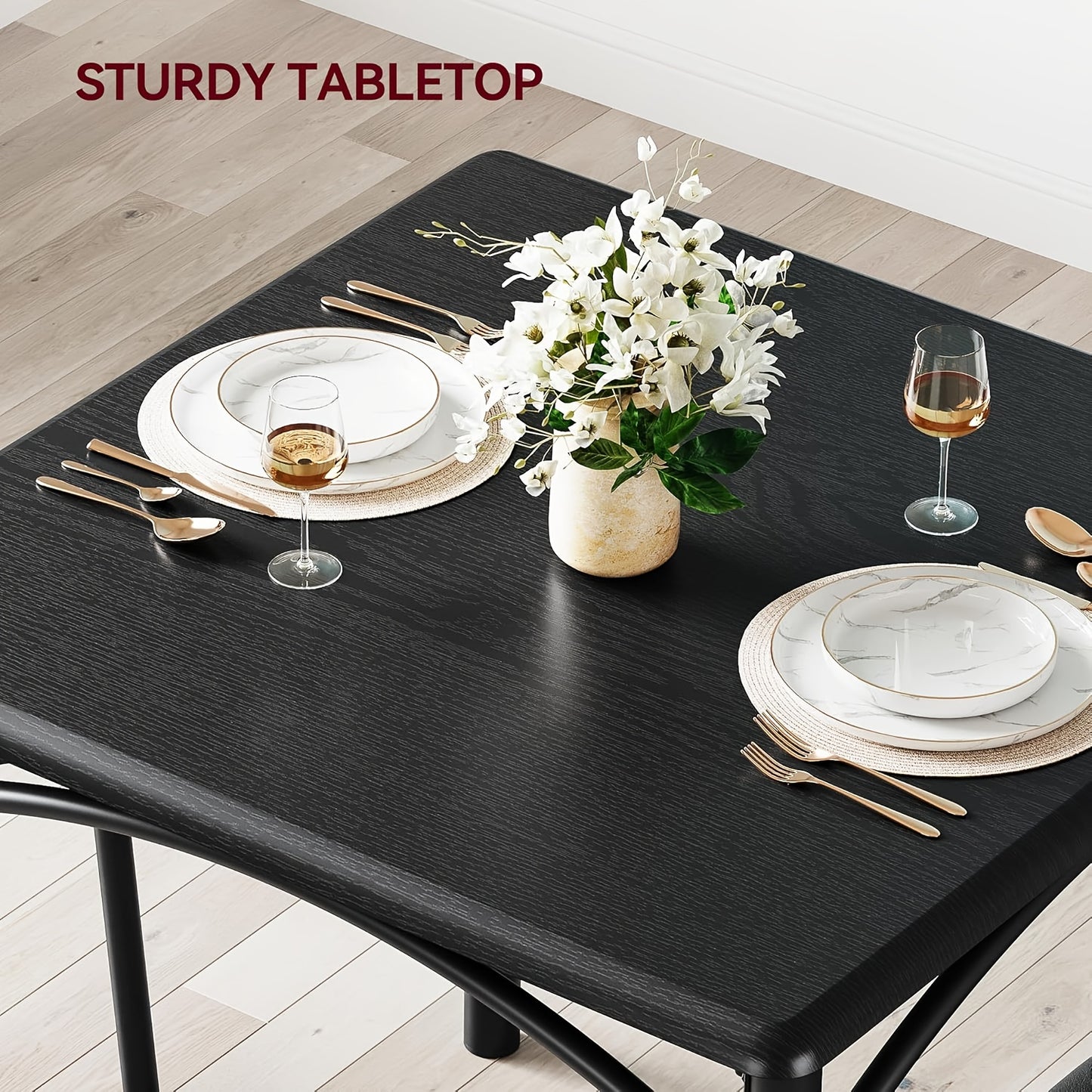 Eettafelset – Eettafel Met Stoelen – Dining Set – Keukentafel – Bistro Set – Zwarte MDF Tafel – Comfortabele Gestoffeerde Stoelen – Compact Ruimtebesparend Design