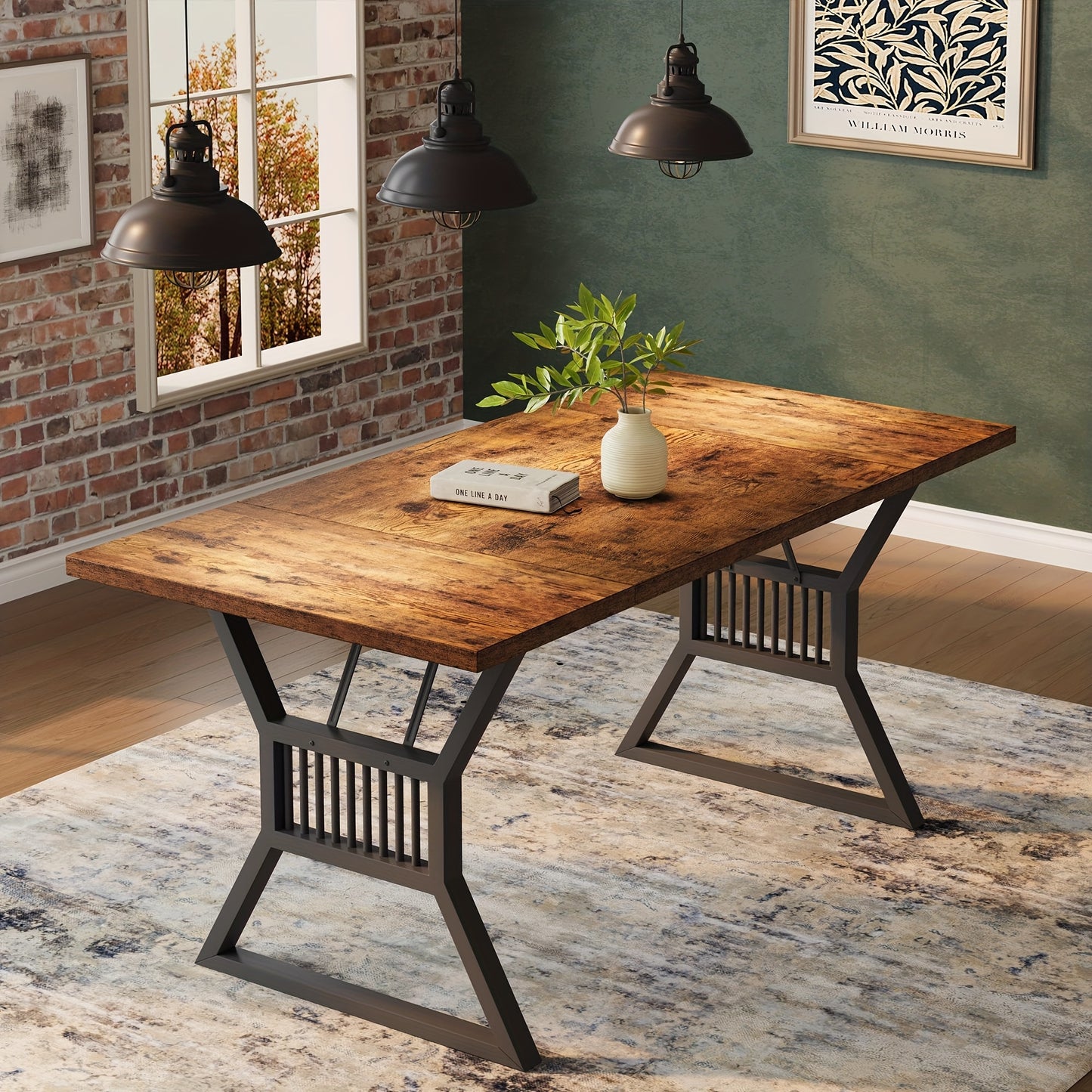 Eettafel – Keukentafel – Tafeltje – Dinertafel – Eetkamertafel – Rechthoekig – 180x75x75 cm – Massief Houten Blad Met Geometrisch Metalen Onderstel