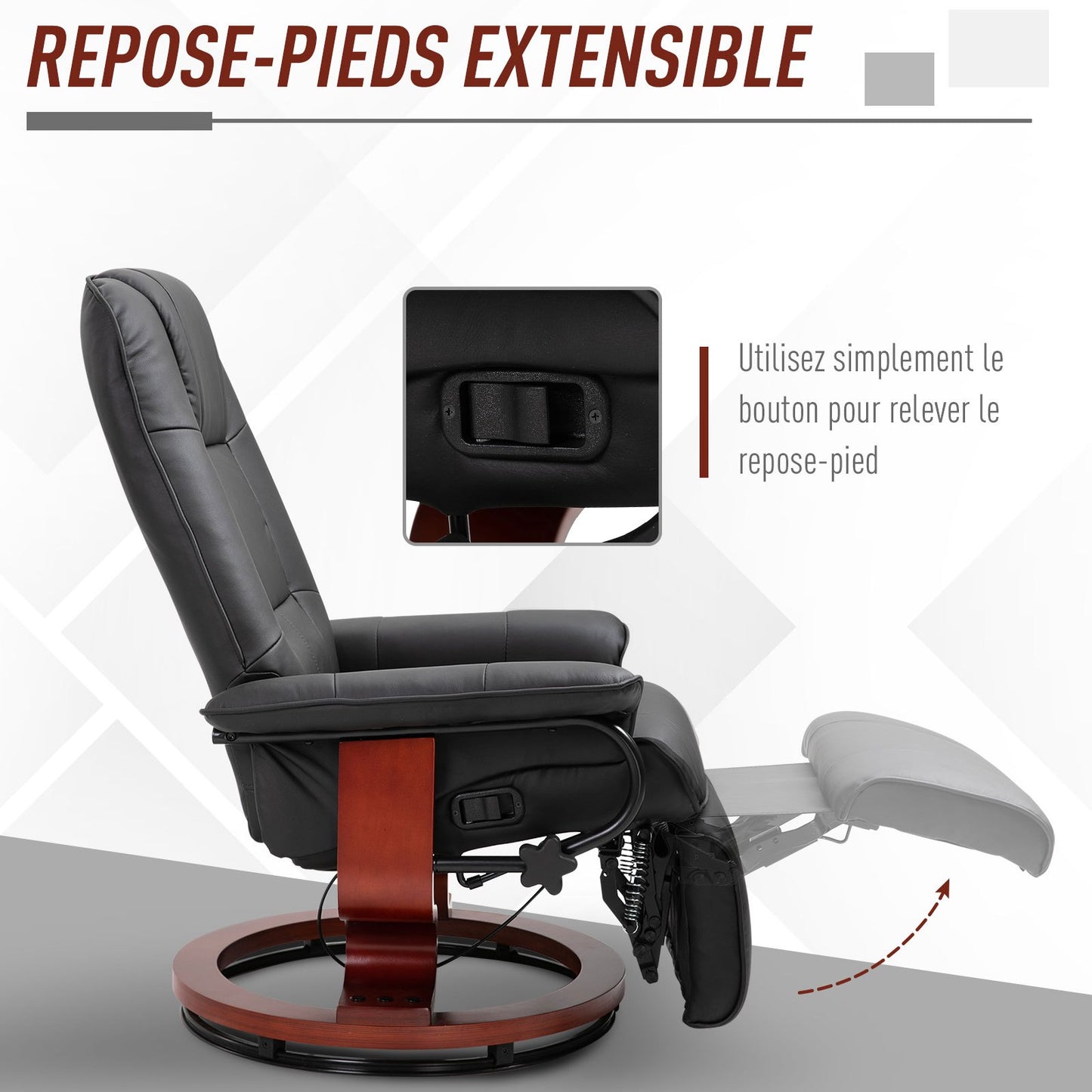 Relaxfauteuil – Relaxstoel – Draaifauteuil – Zwarte Relaxstoel – Fauteuil Zwart – Verstelbare Rugleuning Tot 145° – 360° Draaibare Basis Met Houten Voet