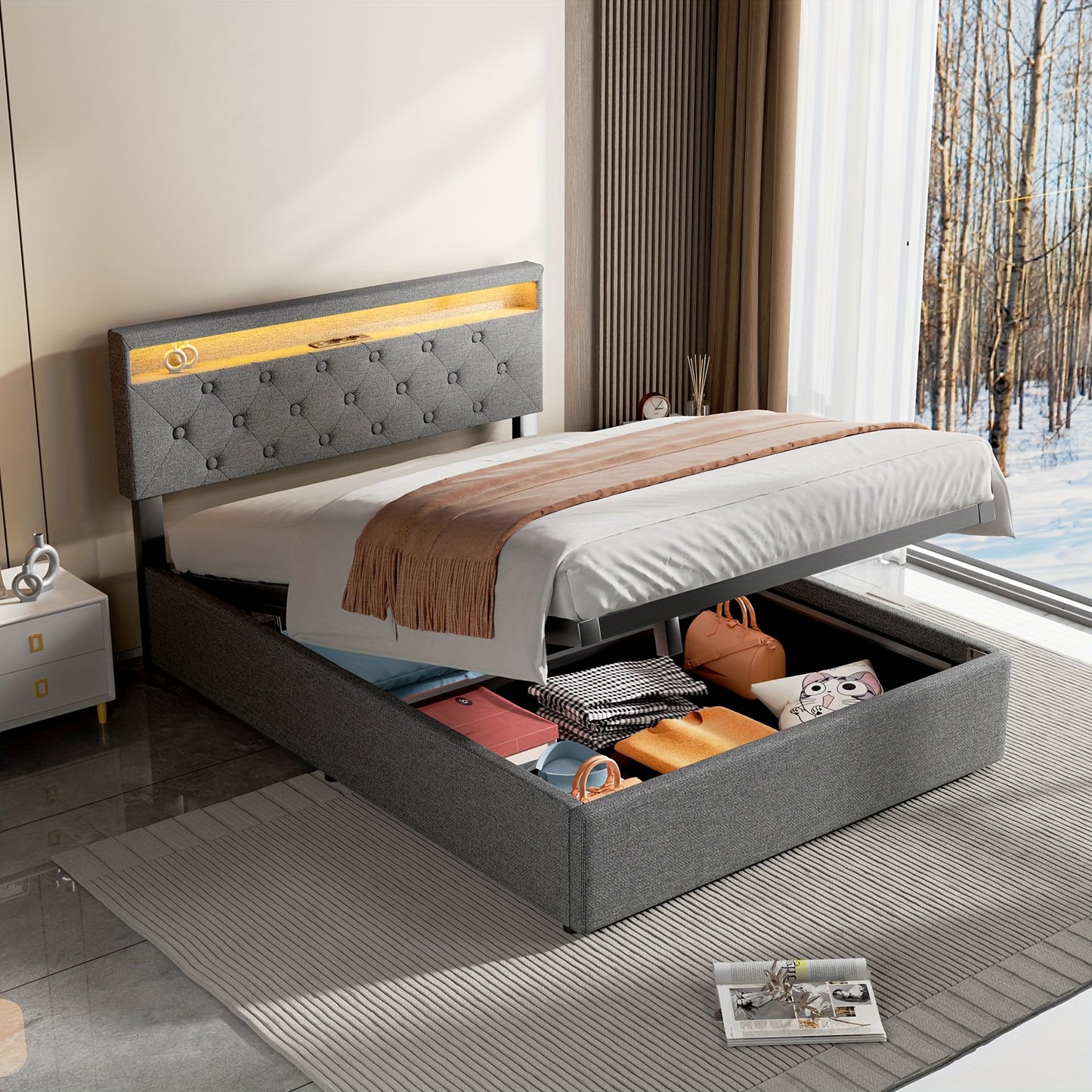 Boxspringbed – Boxspring – Bed – Bedframe – Boxspringbed Met Opbergruimte – 140x200 cm – Stof Linnen – Hydraulische Opbergruimte – LED Hoofdbord