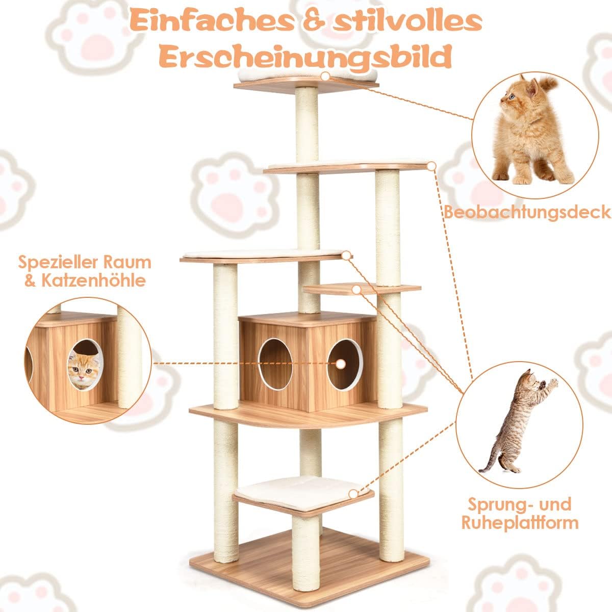 Krabpaal – Kattenboom – Krabmeubel – Klimmeubel – Kattenhuis – 175 cm Hoog – 6 Niveaus Met Kattenhol En Wasbare Matten