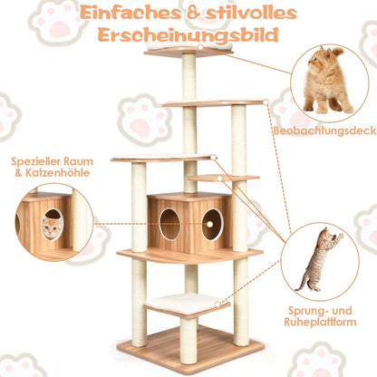 Krabpaal – Kattenboom – Krabmeubel – Klimmeubel – Kattenhuis – 175 cm Hoog – 6 Niveaus Met Kattenhol En Wasbare Matten