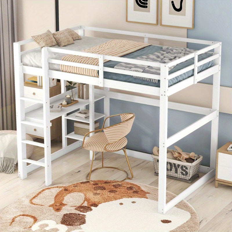 Halfhoogslaper – Hoogslaper – Stapelbed – Bedframe Met Bureau – Bed Met Opbergruimte – Gemaakt Van Grenenhout – Inclusief 4 Planken – Afmetingen 140x200 cm