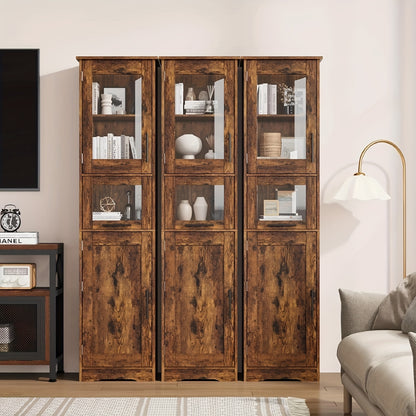 Badkast – Hoge Kast – Badkamerkast – Opbergkast – Staande Kast – Glasdeuren – Verstelbare Planken – MDF Met Eiken Fineer – 170 cm Hoog