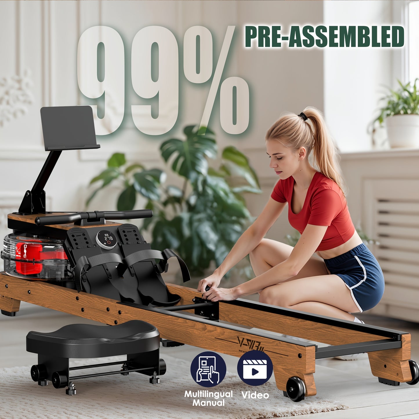 Water Rowing Machine Made Of Wood Foldable Rowing Machine With Wireless Monitor & Tablet Holder, Comfortable Seat, Load Capacity Up To 180 Kg, Without Battery
