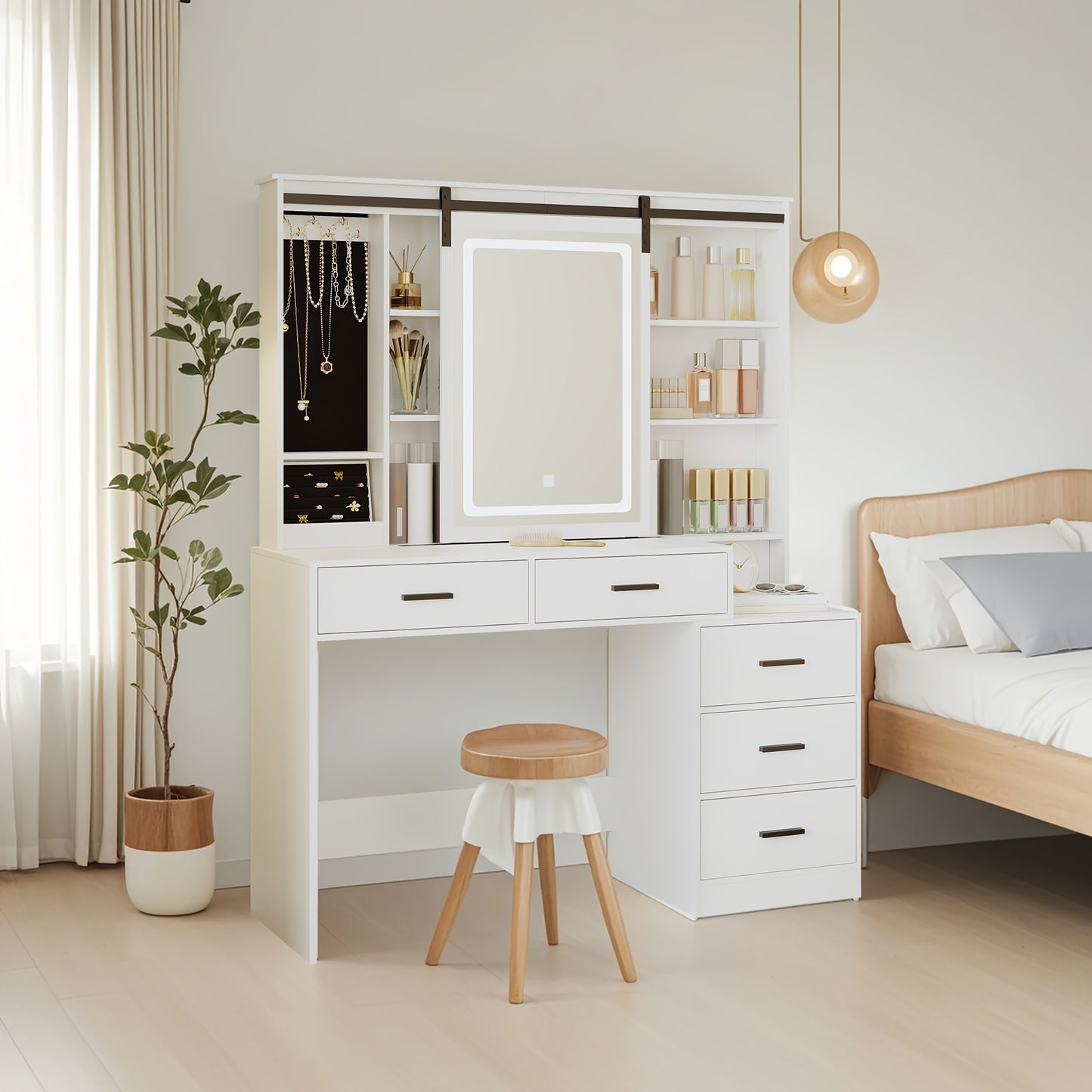 Make-up Tafel – Schminktisch – Kaptafel – Visagie Tafel – Dressing Table – Verstelbare LED-Verlichting – Grote Afneembare Spiegel – 5 Lades – Zijtafeltje – Wit