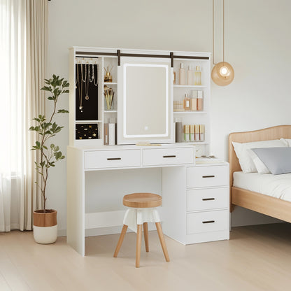 Make-up Tafel – Schminktisch – Kaptafel – Visagie Tafel – Dressing Table – Verstelbare LED-Verlichting – Grote Afneembare Spiegel – 5 Lades – Zijtafeltje – Wit