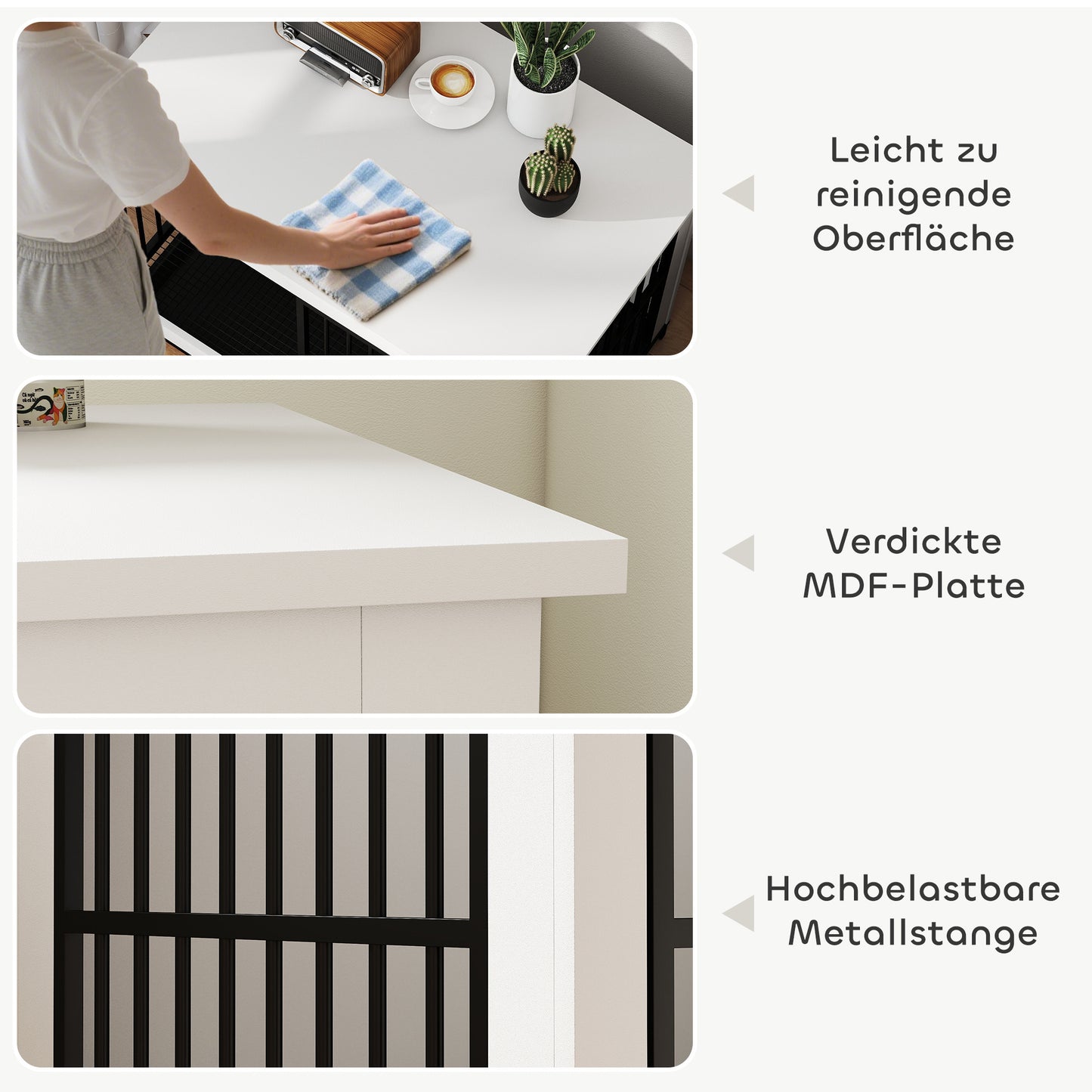 Hondenbench – Hondenkooi – Hondenhok – Draadkooi – Bench – Wit MDF & Metaal – Opvouwbaar Met Draaiende Voerbakken & Veilig Slot