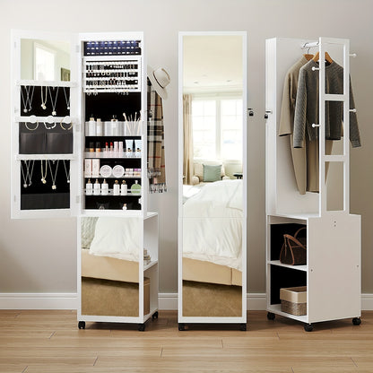 Jewelry Cabinet Wardrobe, 164.59 cm Jewelry Storage Box, with 1 Hanger, Lockable Full Body Mirror with 4 Wheels, Storage Rack with Hooks, White, Jewelry Armoires