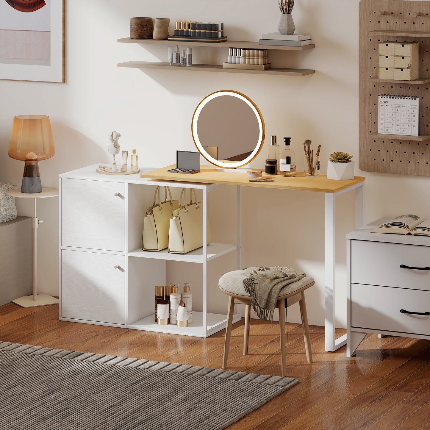 L-Vormig Bureau – Hoekbureau – Werkplek – Computertafel – Thuiswerkplek – Wit – 360° Draaibare Hoek – 2 Afsluitbare Kasten & 2 Open Planken – Compact 150x40x75 CM