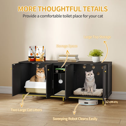 Kattenbakkast – Kattenkast – Kattenbak Meubel – Kattenhuis – Kattenbak Ombouw – Voor 2 Katten – Verborgen Kattenbak Met Opbergruimte – Wit Met Gouden Accenten – 140x48x62 cm – Inclusief Pluche Speelballen