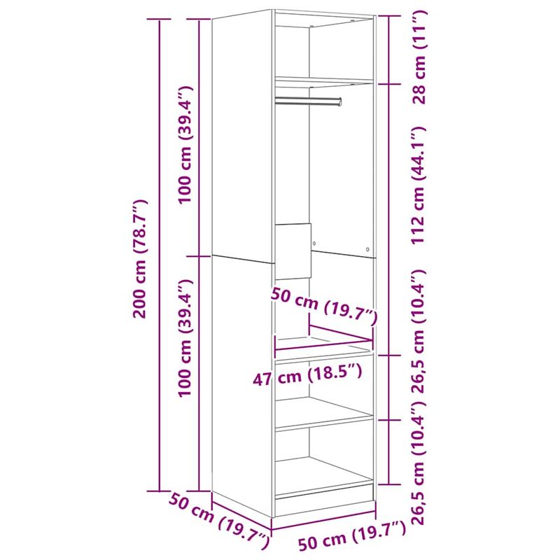 Kast – Opbergkast – Garderobekast – Kledingkast – Dichte Kast – Betongrijs – Bewerkt Hout – 50x50x200 cm – Stevig & Duurzaam