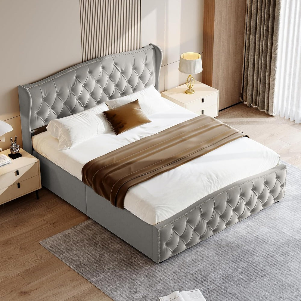 Stijlvol Gestoffeerd Bed – Vlakbed – Opbergbed – Platformbed – Queen Size Bed – 140x200 cm – Fluwelen Bekleding – Lift Opbergruimte