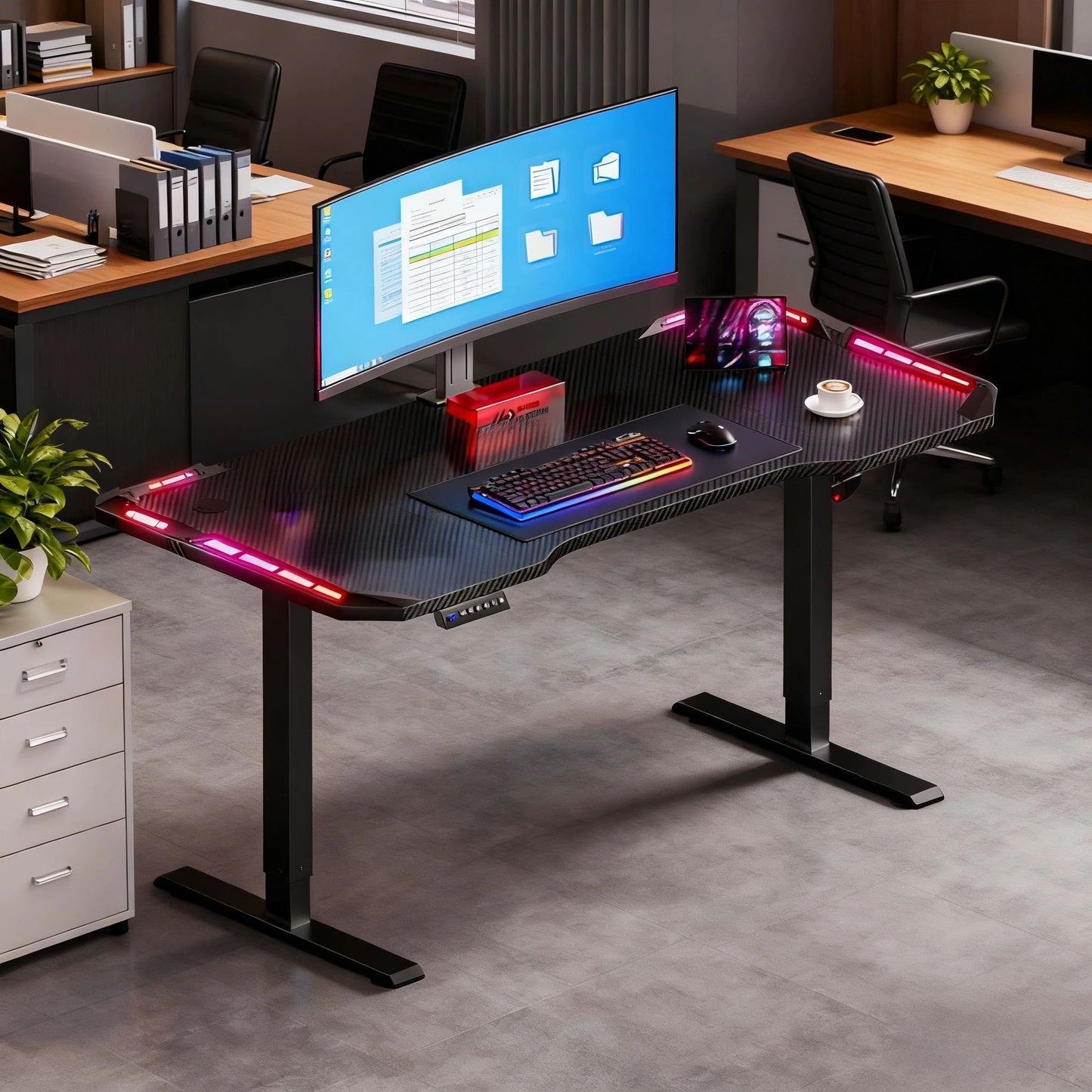 Elektrisch Verstelbaar Bureau – Zit-Sta Bureau – Gaming Bureau – Thuiswerk Bureau – Computer Bureau – 119 cm Carbon Fiber Blad – RGB Verlichting Met Afstandsbediening