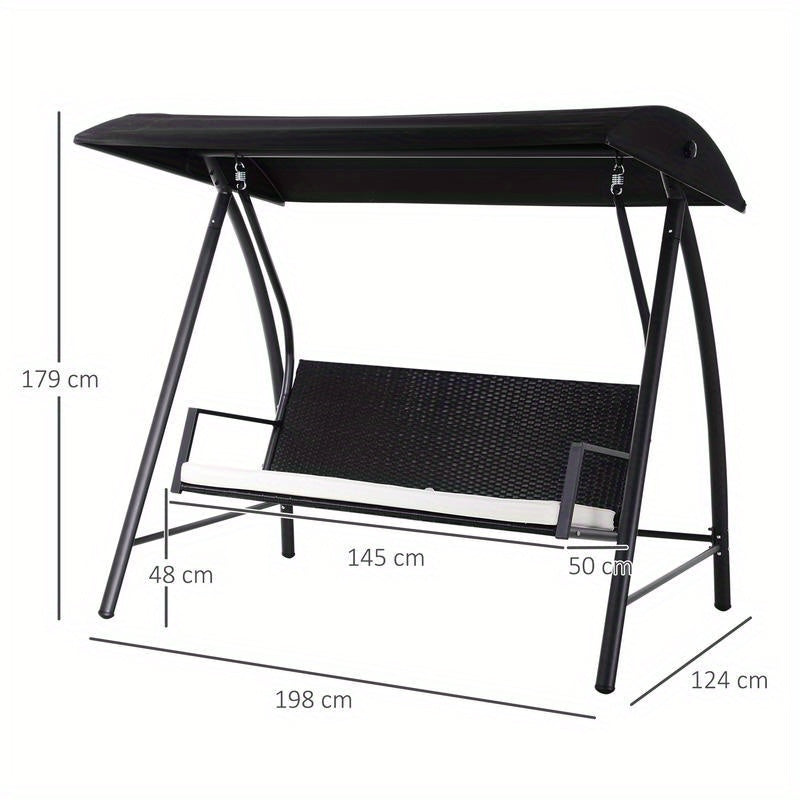 Heavy Duty Metal Porch Swing Chair with Adjustable Sun Shelter & Cushioned Seat - 360kg Capacity, 198x124x179cm Large Outdoor Swing Bed for Patio, Yard, Garden