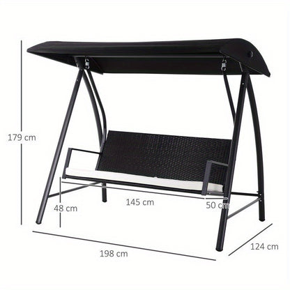 Heavy Duty Metal Porch Swing Chair with Adjustable Sun Shelter & Cushioned Seat - 360kg Capacity, 198x124x179cm Large Outdoor Swing Bed for Patio, Yard, Garden