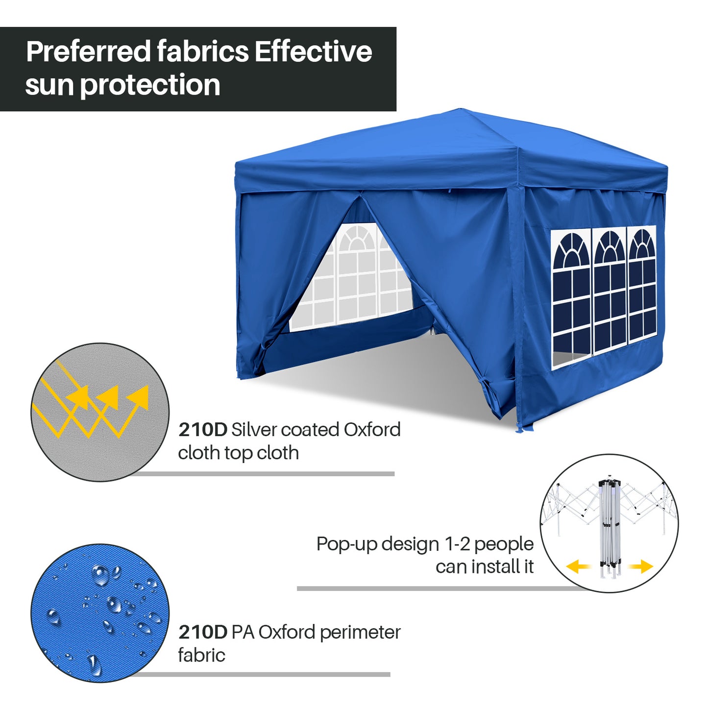 Tuinpaviljoen – Partytent – Pergola – Tuinoverkapping – Prieel – Vouwtent Met Zijwanden – Verstelbare Hoogte 3x3m – 210D Oxford Stof Blauw