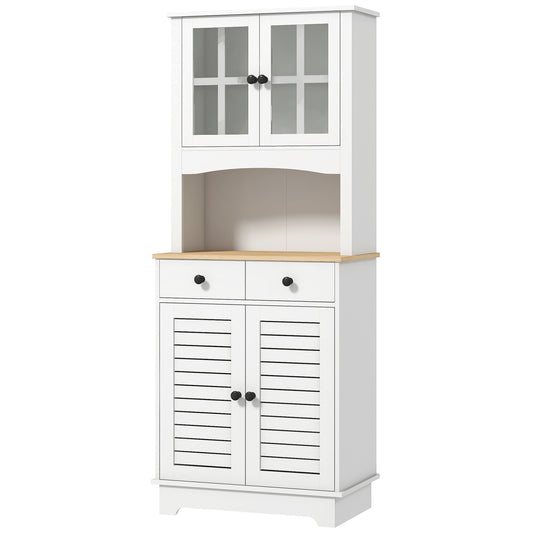 Keukenkast – Opbergkast – Servieskast – Buffetkast – Eetkamerkast – Wit Met Houten Accenten – 2 Lades & Glazen Deuren – Compact 68x39,5x170 cm