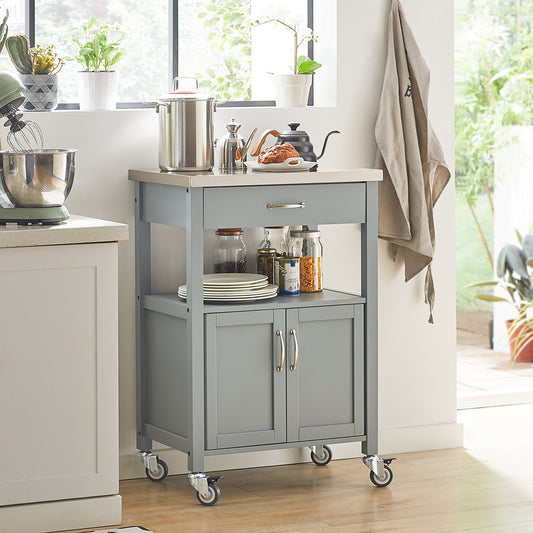 Keukentrolley – Serveerwagen – Keukenwagen – Opbergtrolley – Rolwagen – MDF Met RVS Werkblad – Compact 60x92x44 cm – Lichtgrijs