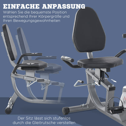 Ligfiets – Hometrainer – Fitnessfiets – Cardiotrainer – Ergometer – Verstelbare Rugleuning – 8 Weerstandsniveaus – LCD-Display – Hartslagsensor – Grijs-Silver – Draagvermogen 110 kg